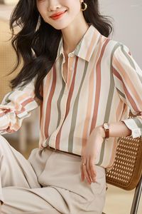 Blusas de mujer 2023 otoño colorido rayas seda mujer satén camisa Corea Vintage contraste Color blusa señoras Tops abotonada manga larga