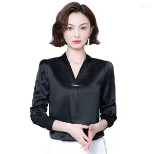 Blusas para mujeres 2023 Mujeres de otoño de primavera Sexy elegante V-Eck Acetate Satin Blouse Oficina Lady Wild Vintage Silk Tops Chiffon