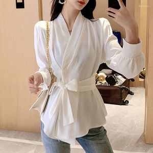 Blouses pour femmes 2023 printemps Style coréen haut pour femme col en v solide soie Satin chemise blanche à lacets bureau dame Blouse vêtements de travail vêtements