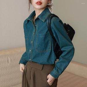 Blusas de mujer 2023 primavera Vintage elegante manga larga camisa de mezclilla suave mujeres Simple piel amigable moda señoras Jean Tops al por mayor