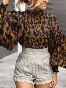 Chemisiers pour femmes 2024 Celmia Vintage automne imprimé léopard élégant grande lanterne manches tunique chemises mode col montant haut décontracté