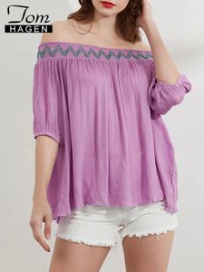 Blouses des femmes 2024 Elegant Slash Neck Tops Vintage à manches courtes Taunique rose Shirder Off Beautiful for Women