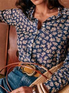 Blusas de mujer 2024 Blusa azul marino con estampado romántico francés para damas Camisa de manga larga con cuello vuelto y temperamento de una sola botonadura