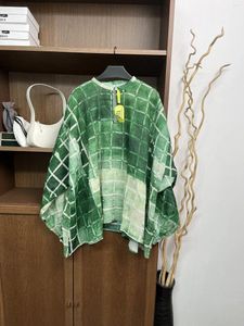 Blouses pour femmes 2024 Top end Fashion Ramie Ramie Gradient Green Plaid Long Sleeve Elegant Lady O-Leck Pullover Loose Tops Tops