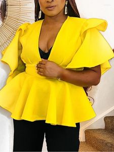 Blouses Femmes AOMEI Jaune Tops Blouse Col en V Volants Manches Taille Haute Peplum Soirée Fête d'anniversaire Femmes Pull Dames Grande Taille 4XL