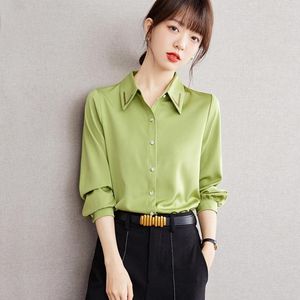 Blouses pour femmes automne hiver Chic vert Satin Blouse femmes à manches longues boutonné Simple Vintage chemises mode coréenne bureau montre de sport