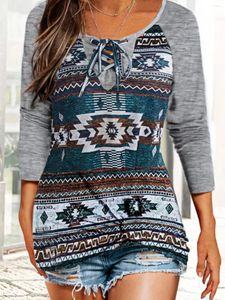 Blusas para mujeres aztec geométrica encaje up giro blusa primavera de otoño