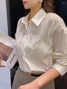 Blusas para mujeres Camas blancas de costura con lentejuelas de cuentas 2024 primavera otoño en la oficina de manga larga dama tops camisas deujer