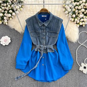 Blusas para Mujer Blusas Mujer De Moda 2023 Vintage para Wo hombres temperamento Patchwork camisas vaqueras cintura delgada Tops De Moda coreana Mujer