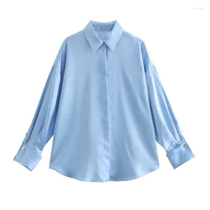 Blusas de mujer Bmissingyou Camisa de satén de seda azul para mujer Botón de manga larga Oficina formal Blusa blanca negra Botonadura suelta Ajustes