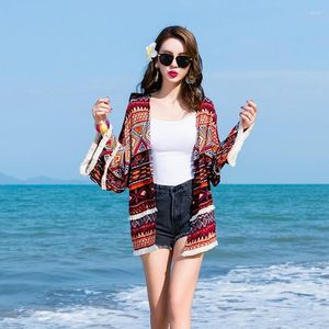 Blusas de mujer Ropa bohemia Tops de mujer Verano 2023 Camisa de protección solar con estampado mexicano Cárdigan de vacaciones en la playa DD2428