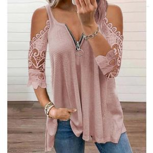 Chemisiers pour femmes Casual Loose White Tops Summer Off-Shoulder Hollow Sexy Shirt Women Half Sleeve Zipper Clothes Elegant V-Neck Lace Blouse