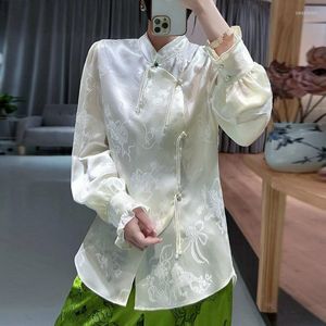 Blusas para mujer Camisa de jacquard de seda con cuello alto de estilo chino Diseño de primavera para mujer Top de manga larga con borlas de un solo pecho S-XL