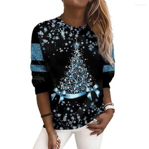 Blouses Femmes Noël Femmes Top Imprimer Brillant Sequin Col Rond À Manches Longues T-shirt Lâche Fête De L'année