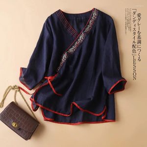 Blusas de mujer, camisa de lino y algodón, talla grande, moda de verano, estilo literario elegante rústico chino, bordado de ocio con cuello en V
