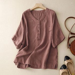 Blusas de mujer de lino de algodón con cuello en V, jersey de manga media, camisa de verano, versión coreana, código suelto Retro, Top informal elegante de Color sólido