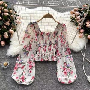 Blouses pour femmes haut court à manches longues bouffante en mousseline de soie Blouse Peplum hauts à fleurs mode coréenne vêtements d'été Blusas Mujer De Moda 2023