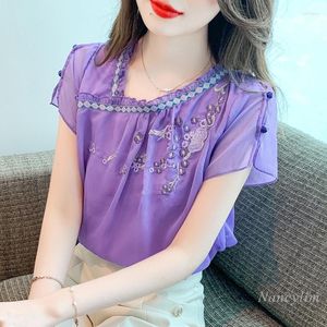 Blusas de mujer elegante gasa flor bordado blusa púrpura camisa de verano 2023 diseño sentido manga corta que cubre el vientre
