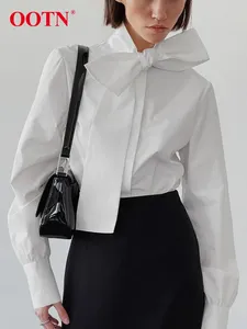 Blusas de mujer, camisas blancas elegantes con lazo de algodón, blusas informales de manga larga para mujer de otoño, blusas de oficina lisas con una sola botonadura para mujer