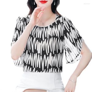 Blusas de mujer elegante moda hecha a mano con cuentas camisa de gasa de seda 2023 verano mujeres Tops sueltos manga acampanada pulóveres