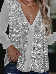 Blouses pour femmes Mode Bling Blouse Sequin Femmes Col En V À Manches Longues Tops Lady Club Party Chemises De Soirée 3XL