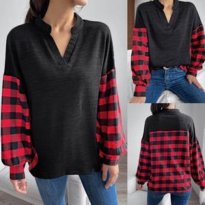 Blusas de mujer moda túnica roja a cuadros camisa mujer Vintage algodón otoño primavera manga larga cuello en V señoras Casual Tops Navidad