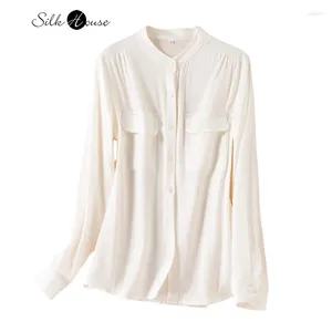 Blouses pour femmes Tempérament de style de mode Small Stand Neck Silk Shirt Long Sleeve Design Pocket White White Loose