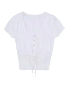 Blouses pour femmes filles 2024 Été élégants volants O-cou à manches courtes hautes tricots blancs tricots blancs femme élastique élastique élastique chemisier