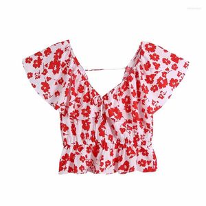 Blusas de mujer niñas lindo rojo estampado elástico corto Tops 2023 primavera mujer elegante cuello en V Floral mujer Chic espalda descubierta volantes Top