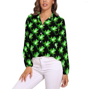 Chemisiers pour femmes vert drôle grenouille chemisier ample imprimé Animal mignon Style de rue surdimensionné femme à manches longues jolies chemises hauts personnalisés