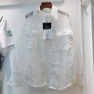 Dames Blouses High Street Shirts Diamanten Pailletten Button Down Tops Dames Lange mouw Lente Zomer See Through Fashion Trendy