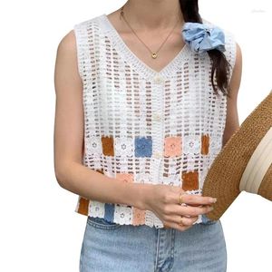 Blouses Femmes Hollow Out Top Femmes Broderie Treillis Motif Crochet Sans Manches Vintage Bord De Mer Tricoté Col V Gilet N7YD