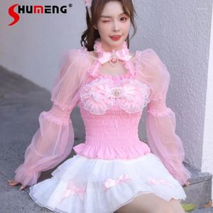 Blouses pour femmes japonais Lolita douce princesse noeud dentelle amour diamant cloche manches minceur licou maille haut court couleur rose Blusas