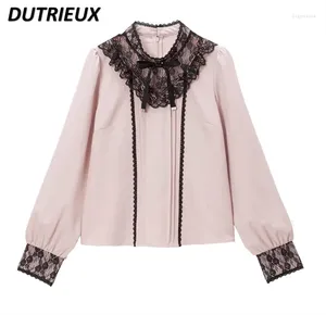 Blusas para mujeres Mina japonesa Mezcla rosa con camisa negra Bottle Boest Pit Tip Lace Long-Sleved Sweet Blusa Spring Tops que combinan