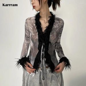 Blusas de mujer Karrram japonesa Y2k camisa de piel estética de los años 2000 malla oscura gótico negro Tie-dye borla Harajuku Tops transparentes