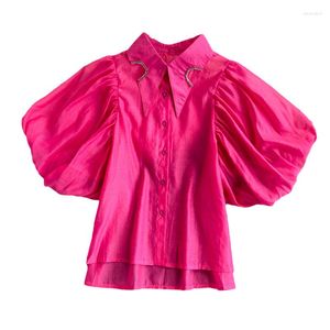 Blouses pour femmes coréen Chic été Vintage diamants col rabattu chemise asymétrique femmes manches bouffantes hauts à simple boutonnage français