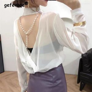 Blouses Femmes Mode coréenne Mousseline de soie Col rabattu Noir Blanc Crème Solaire Blouse Femmes Sexy Dos Nu Voir À Travers Avec Des Perles Boutonné