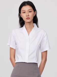 Blusas de mujer Oficina de verano de manga corta con cuello en V Camisas de vestir sin bolsillo Botones ocultos Tapeta Slim-fit Camisa blanca femenina