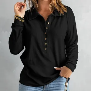 Blouses pour femmes dame haut décontracté femmes grande taille tricoté chemise à revers élastique en vrac avec boutons de couleur unie à simple boutonnage longue