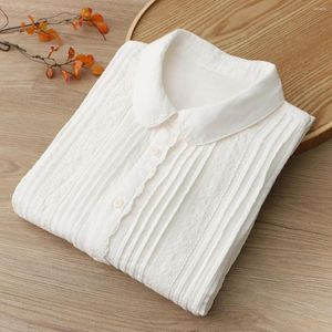 Blusas de mujer Lamtrip Unique 2023 primavera encaje puntada volantes plisado Retro capas dobles hilo de algodón camisa de manga larga blusa