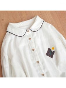 Blusas de mujer Lamtrip Unique Skin-Friendly Puntada de girasol Capas dobles Hilo de algodón Manga larga Calidad Camisa delicada japonesa Blusa