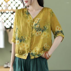 Chemisiers pour femmes Loisirs Femmes Tops Mujer Vintage Floral Print Casual Retro Summer Cotton Lin Blouse Ladies Korean Fashion Top Blusa