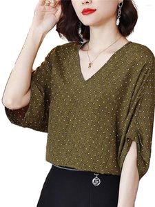 Blusas de mujer sueltas para mujer primavera verano camisas señora moda Casual manga corta cuello en V Colla ejército verde Blusas Tops WY0667