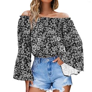 Blusas de mujer con hombros descubiertos, Tops cortos para mujer, jerséis de manga larga con estampado Floral de margaritas negras, camisas bohemias holgadas con volantes