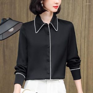 Bourse des femmes Bureau Lady Real Silk Shirt Femme Elegant Coll-Down Colrs Basic Shirts Long Sorcs Blanc Black Femme Blouse décontractée