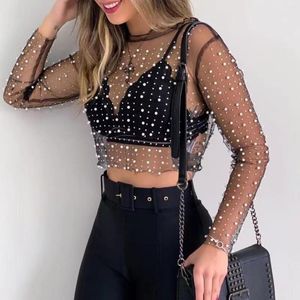 Chemisiers pour femmes Perle Strass Sheer Mesh T-Shirt Crop Top Temperament Lady See Through Long Sleeve Slim Fit Cropped Blouse Shirt Clubwear