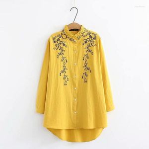 Blouses pour femmes Plus la taille XL/4XL femmes chemise à manches longues femme hauts brodés chemisier à col rabattu Blusa vêtements coréens haut jaune