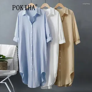 Pokiha – chemisiers pour femmes, vêtements coréens, Vintage, lin, coton, mi-long, chemise blanche, hauts chics, printemps, été, 2023
