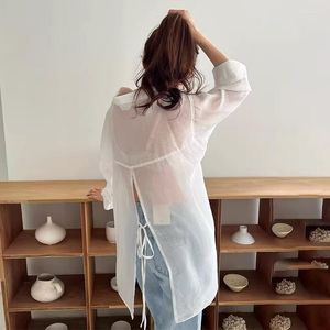 Blouses pour femmes Cols POLO Épaule Goutte Manches Longues Style Coréen Chic Été Split Dos Chemises Manteau Décontracté Polyvalent Légère Crème Solaire