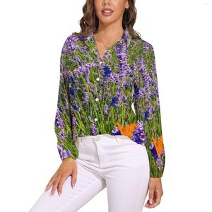 Blusas de mujer, blusa holgada de lavanda púrpura, ropa de calle de planta natural de campo, camisas bonitas de manga larga de gran tamaño, camisetas personalizadas